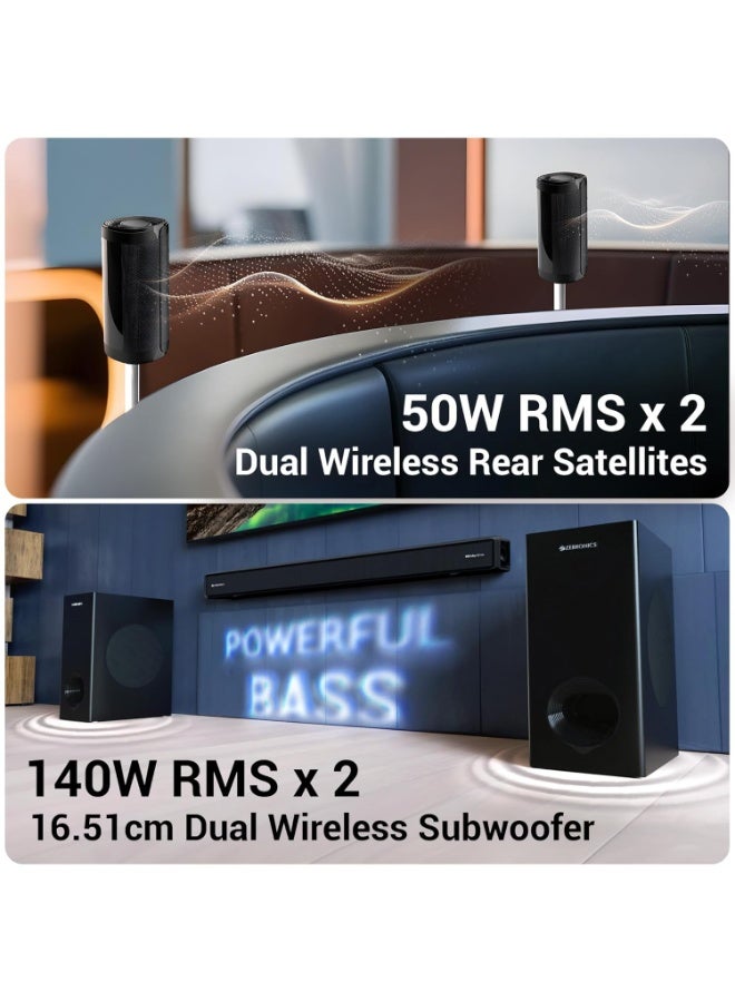 ZEBRONICS Juke BAR 9775, Dolby Soundbar, 650 Watts, 5.2.2 Surround, Dolby Atmos, Dual Wireless Subwoofer & Rear Satellites, 5 Driver Soundbar, BTv5.3| HDMI (eARC) | Optical | USB | AUX - Image 4